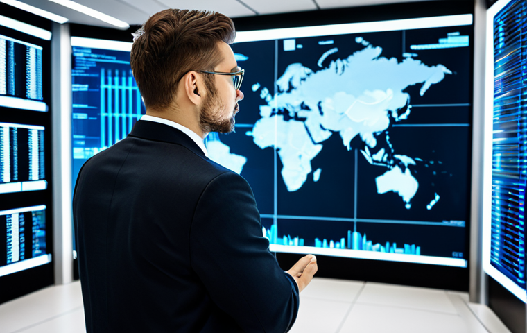 A professional cybersecurity expert, fully clothed in a modest business suit, standing in a sleek, modern data center. They are intently observing large screen displays with interactive data visualizations and complex network diagrams, representing advanced threat intelligence and cloud security operations. The environment is clean and brightly lit, emphasizing technology and innovation. Safe for work, appropriate content, fully clothed, professional, perfect anatomy, correct proportions, natural pose, well-formed hands, proper finger count, natural body proportions, high quality.