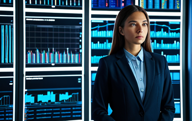 A professional cybersecurity expert, dressed in a modest business suit, stands contemplatively in a sleek, modern security operations center (SOC). The background features subtly illuminated server racks and multiple large monitors displaying abstract data visualizations. The expert has perfect anatomy, correct proportions, and a natural pose with well-formed hands and proper finger count. The image emphasizes professional dress, safe for work, appropriate content, fully clothed, and professional photography, high quality, natural body proportions.