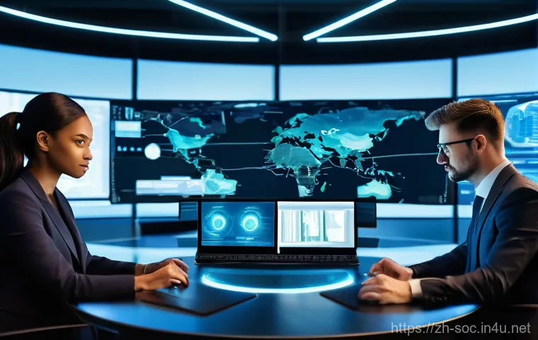 보안관제센터에서 배울 수 있는 것들 - **Prompt 2: AI-Powered Threat Analysis**
    "A sleek, transparent holographic display hovers above ...