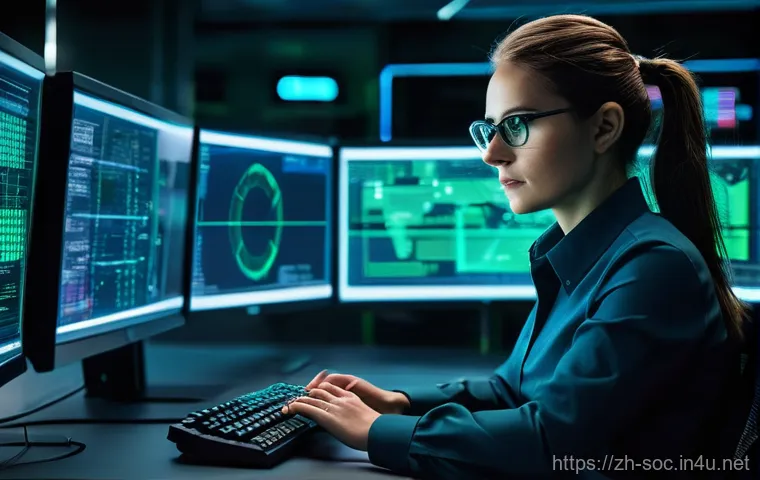 보안관제센터의 비상 대응 절차 - **Prompt 1: The Alerting Guardian**
    "A highly focused female SOC analyst, aged 30s, wearing a sm...