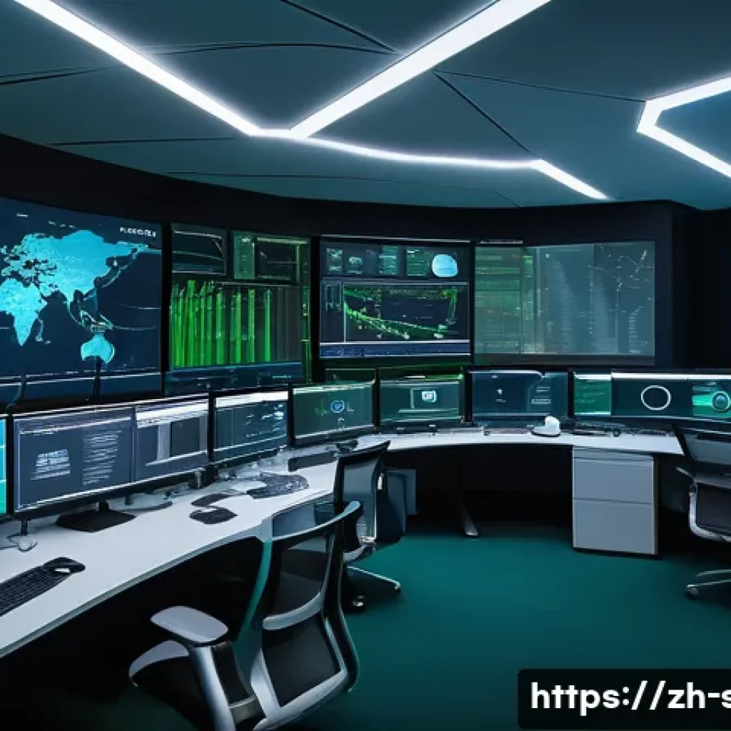 보안관제센터에서의 침해사고 조사 방법 - A high-tech cybersecurity operations center with multiple large monitors displaying network traffic ...