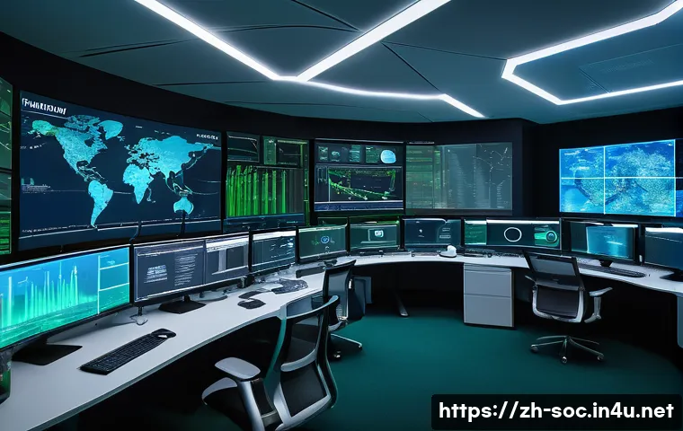보안관제센터에서의 침해사고 조사 방법 - A high-tech cybersecurity operations center with multiple large monitors displaying network traffic ...