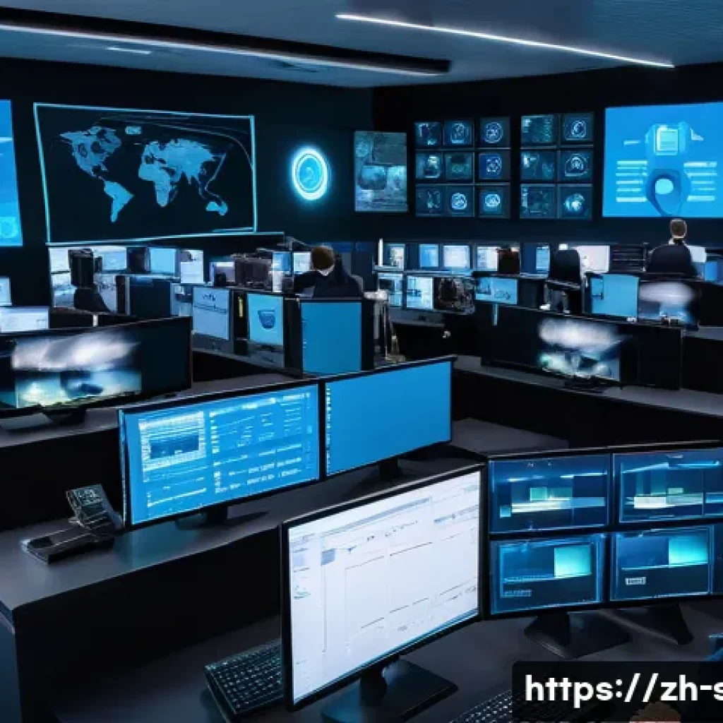 보안관제 전문가로서의 경력 전환 사례 - A high-tech security operations center with multiple large screens displaying real-time network traf...