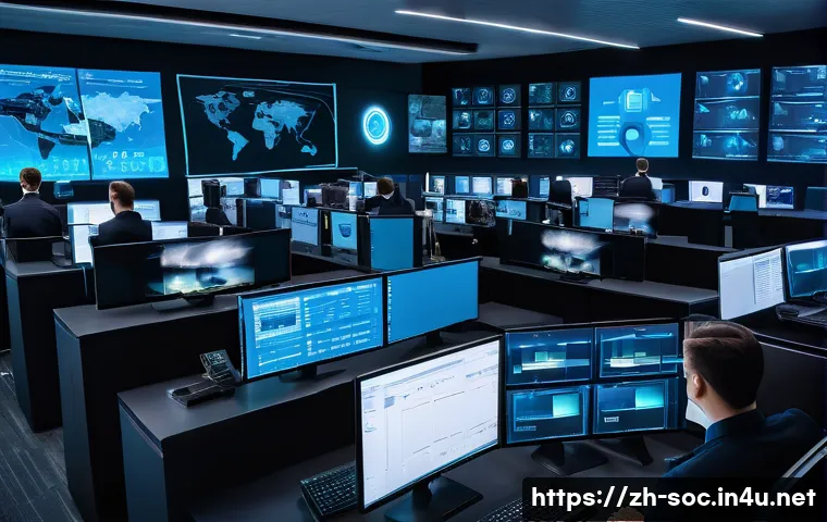보안관제 전문가로서의 경력 전환 사례 - A high-tech security operations center with multiple large screens displaying real-time network traf...