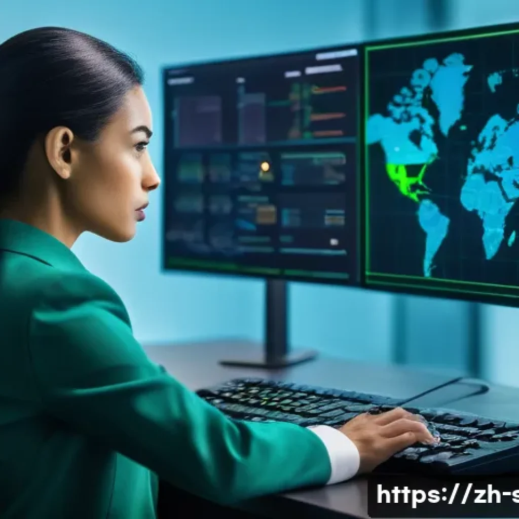 보안관제센터 데이터 유출 사고 사례 분석 - A modern security operations center (SOC) with multiple large digital screens displaying real-time c...