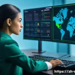 보안관제센터 데이터 유출 사고 사례 분석 - A modern security operations center (SOC) with multiple large digital screens displaying real-time c...