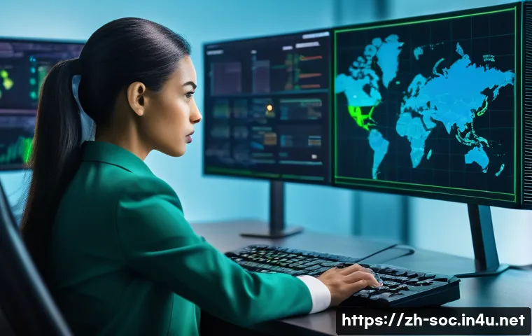 보안관제센터 데이터 유출 사고 사례 분석 - A modern security operations center (SOC) with multiple large digital screens displaying real-time c...