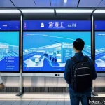 보안관제센터와 AI 기반 보안의 관계 - A futuristic smart surveillance control room showcasing multiple large digital screens displaying re...