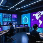 보안관제와 침투 테스트의 관계 - A futuristic cybersecurity operations center with diverse professionals monitoring multiple large di...