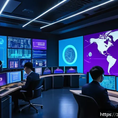 보안관제와 침투 테스트의 관계 - A futuristic cybersecurity operations center with diverse professionals monitoring multiple large di...