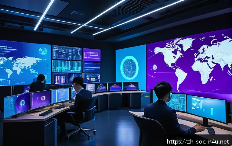 보안관제와 침투 테스트의 관계 - A futuristic cybersecurity operations center with diverse professionals monitoring multiple large di...