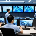 보안관제센터 내부교육 프로그램 설계 - A modern security monitoring control room scene showing a diverse team of professional security pers...
