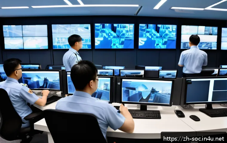 보안관제센터 내부교육 프로그램 설계 - A modern security monitoring control room scene showing a diverse team of professional security pers...