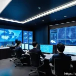 보안관제센터와 위협 사냥 Threat Hunting - A modern cybersecurity operations center with a diverse team of analysts actively monitoring multipl...
