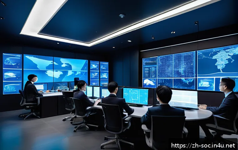 보안관제센터와 위협 사냥 Threat Hunting - A modern cybersecurity operations center with a diverse team of analysts actively monitoring multipl...
