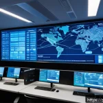보안관제센터에서의 네트워크 설계 사례 - A futuristic network operations center with a multi-layered network architecture diagram displayed p...