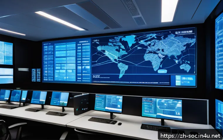 보안관제센터에서의 네트워크 설계 사례 - A futuristic network operations center with a multi-layered network architecture diagram displayed p...